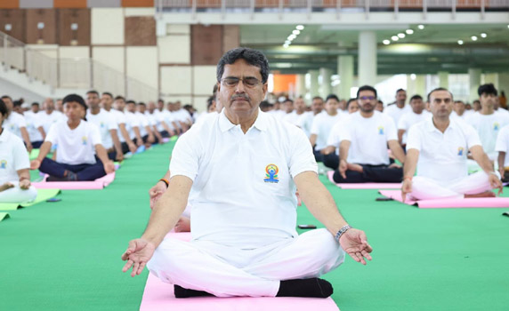 Tripura CM Dr. Manik Saha joins International Day of Yoga celebration at Hapania indoor hall, Agartala.